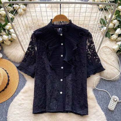 Lace-trimmed stand-up collar short-sleeved shirt