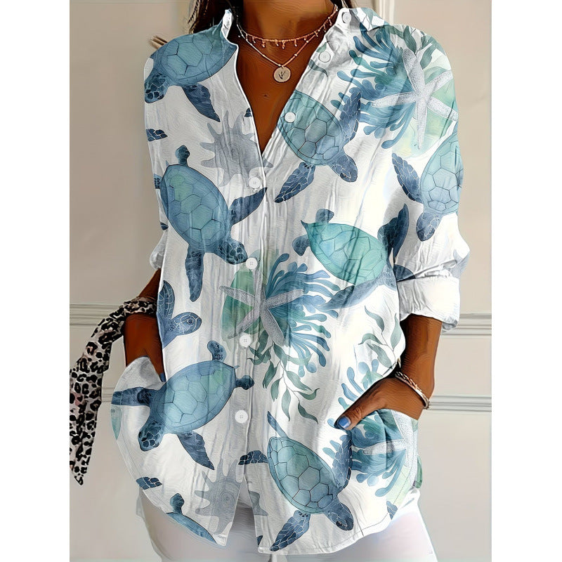 Digital Print Stand Collar Long Sleeve Shirt for Vacation