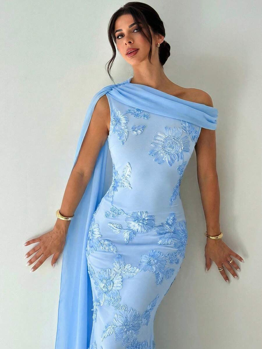 blue three-dimensional floral hip hugging sloping shoulder streamer maxi dress