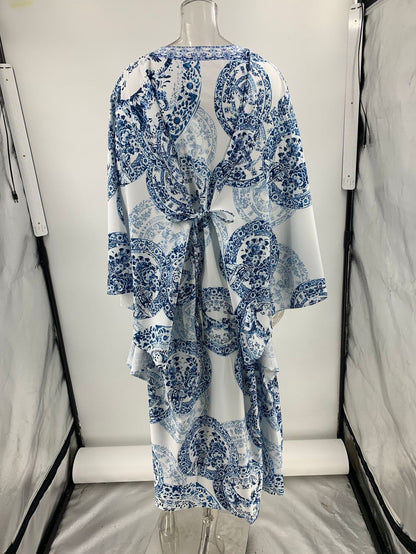 Blue and white porcelain print V-neck dress