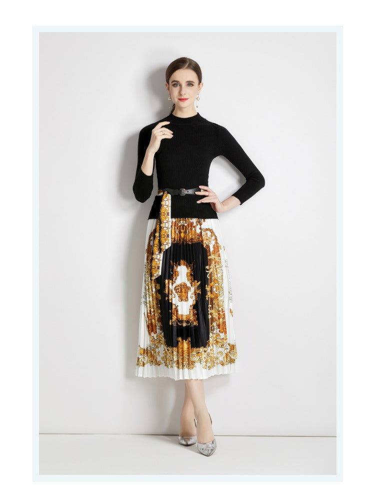 Two-piece knit top and printed pleated skirt set