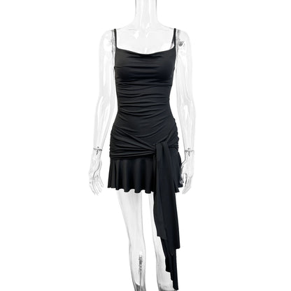 black Spaghetti strap tie mini dress