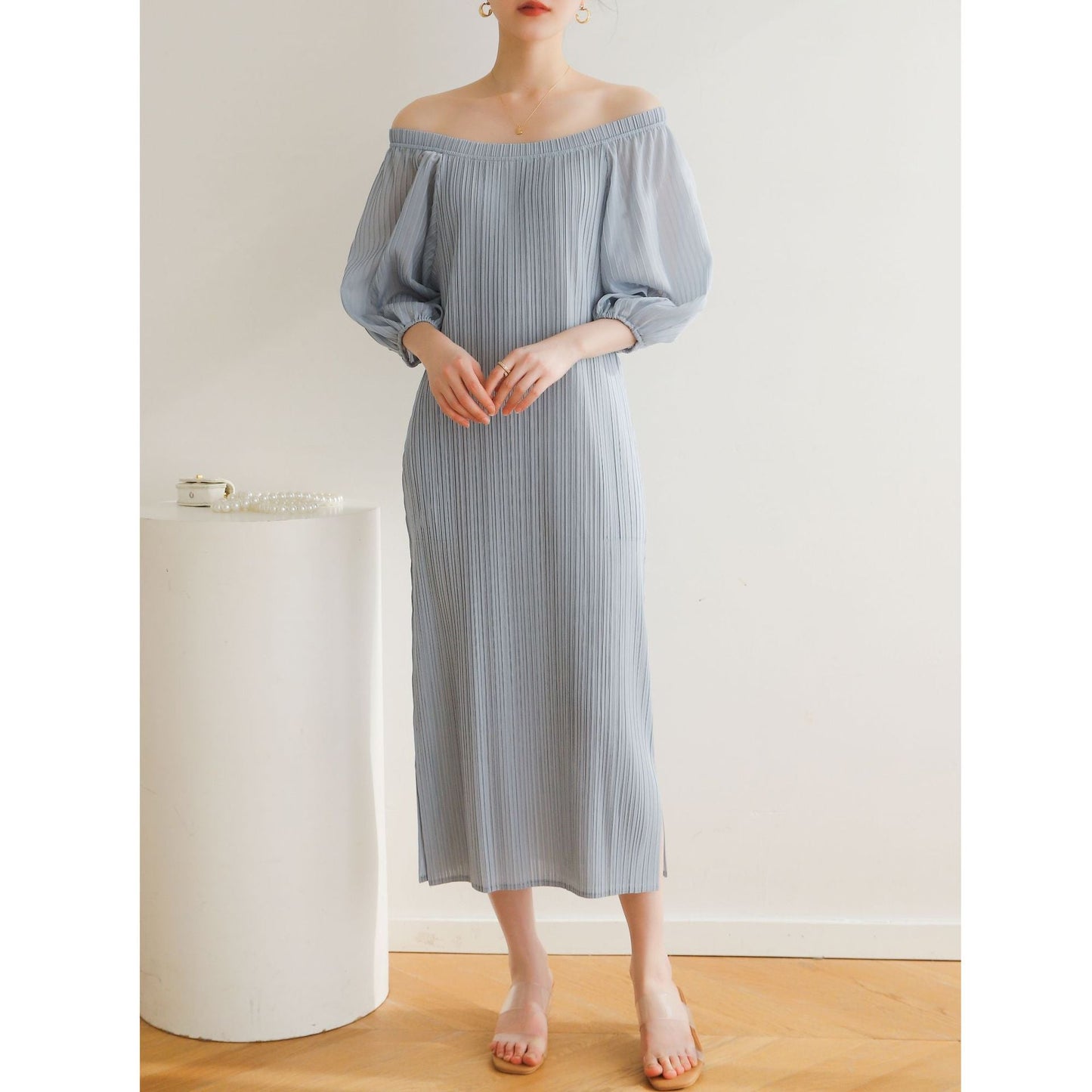 Pleated pastoral style bubble short-sleeved midi dress