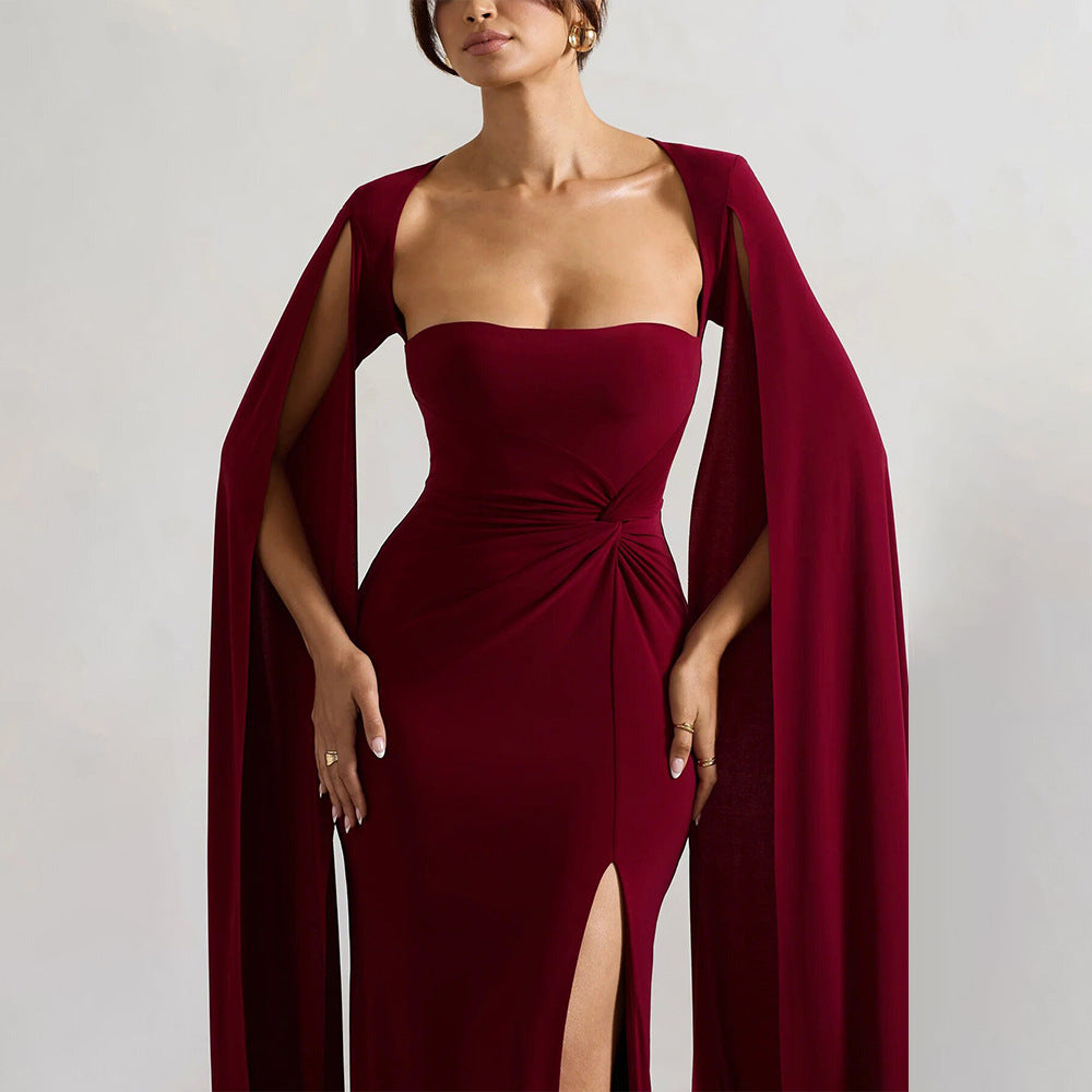 red square neck long sleeve high slit dress