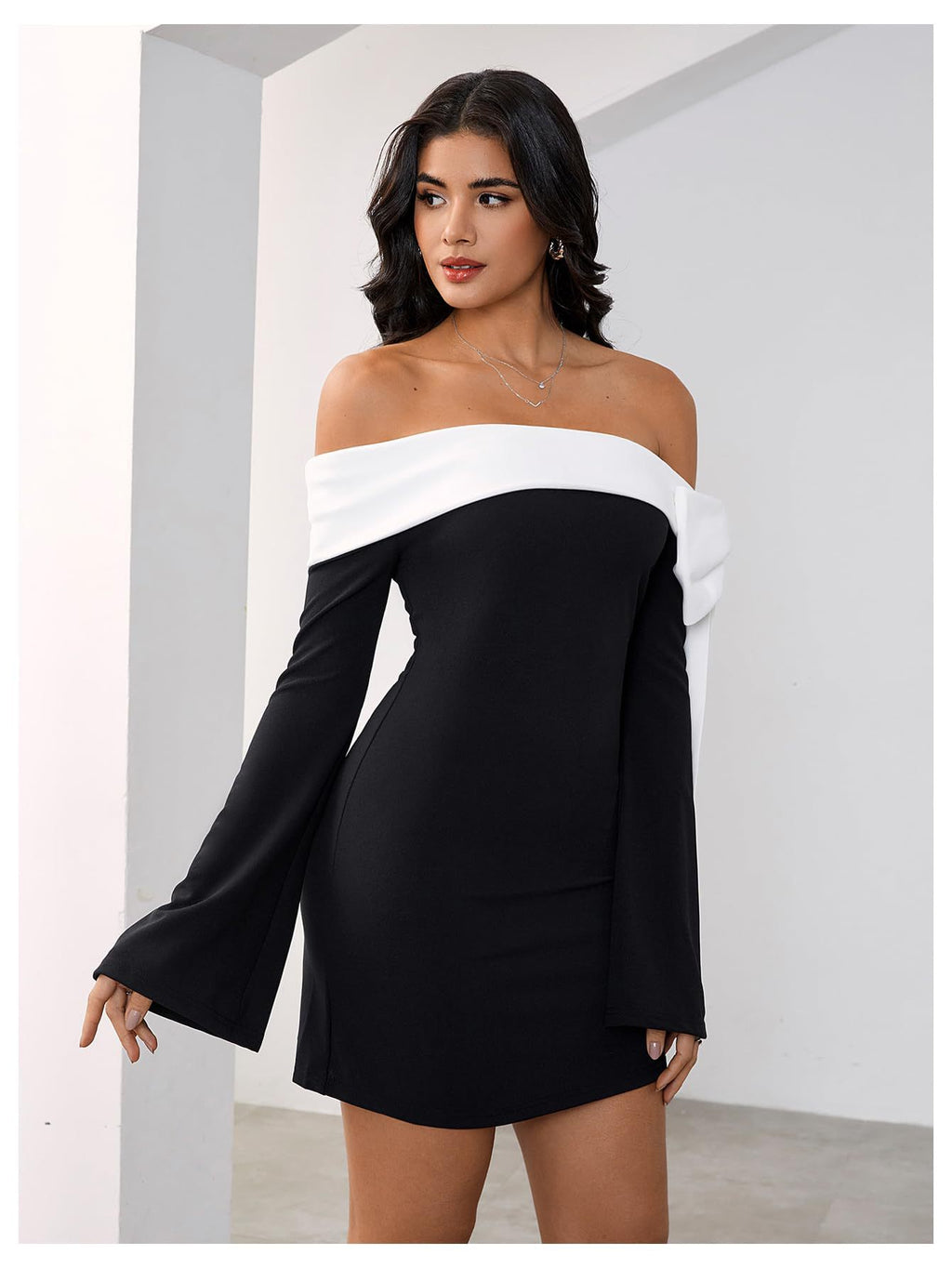 black Off-the-Shoulder Flared Sleeve Mini Dress