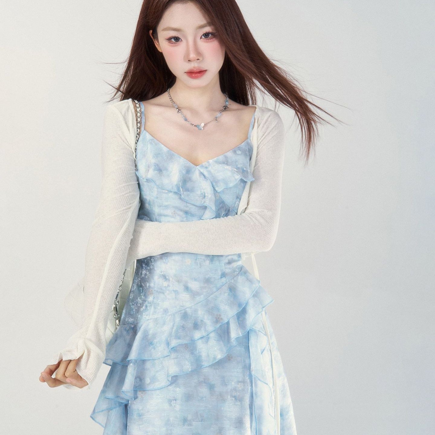 floral print ruffle trim slip maxi dress - blue