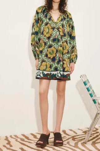 Bohemian V-neck floral print vacation mini dress  - green