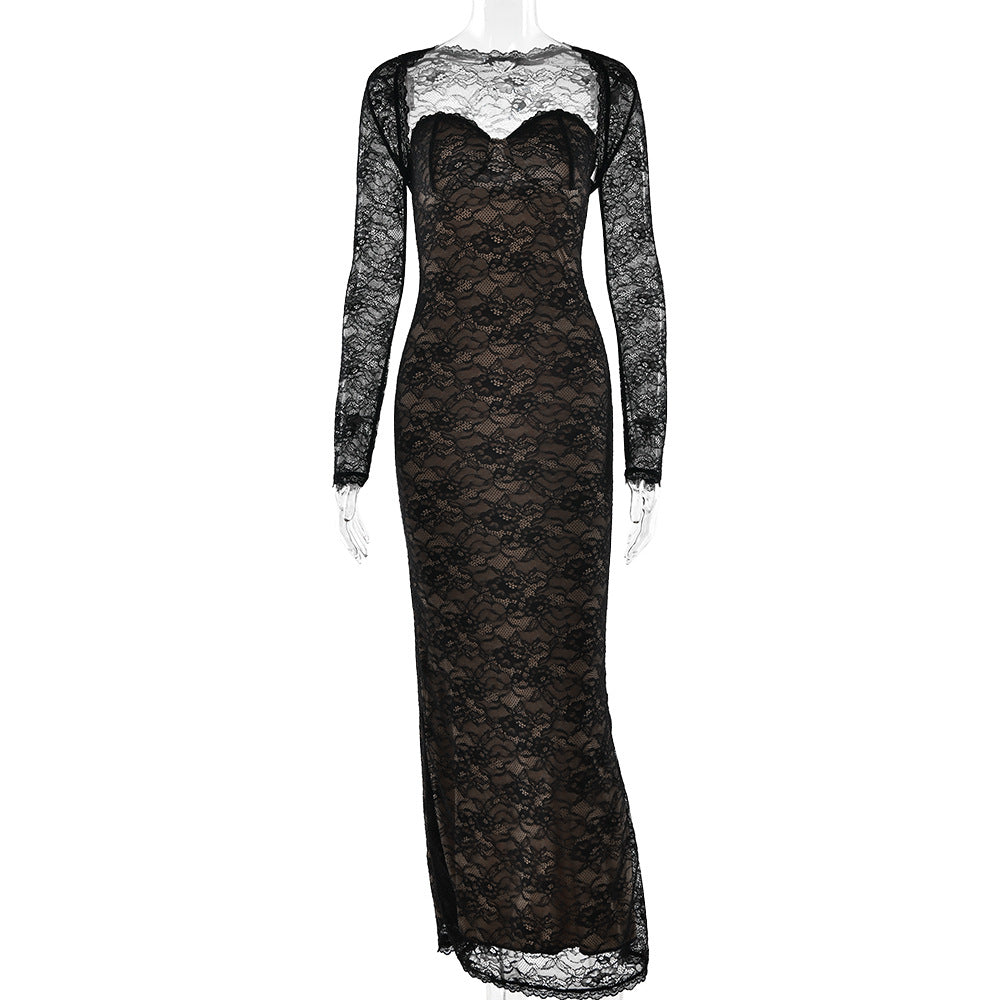 black lace see-through shawl long sleeve top bandeau mermaid skirt set