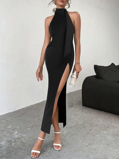 Backless tie-up high slit long dress