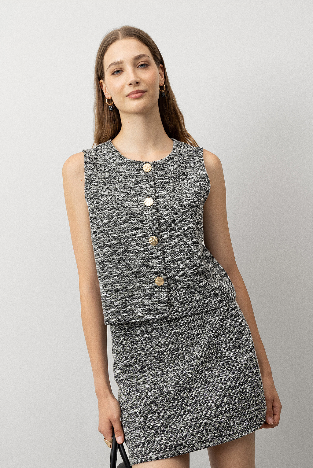 mixed silver thread fine glitter gold button vest hip-hugging skirt