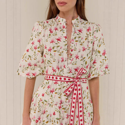 floral print puff sleeve Linen straps mini dress