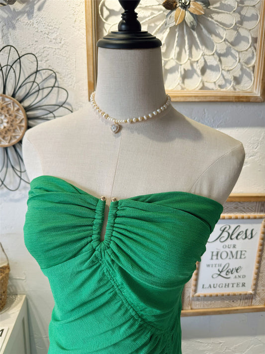 light-green stretch slit strapless long dress