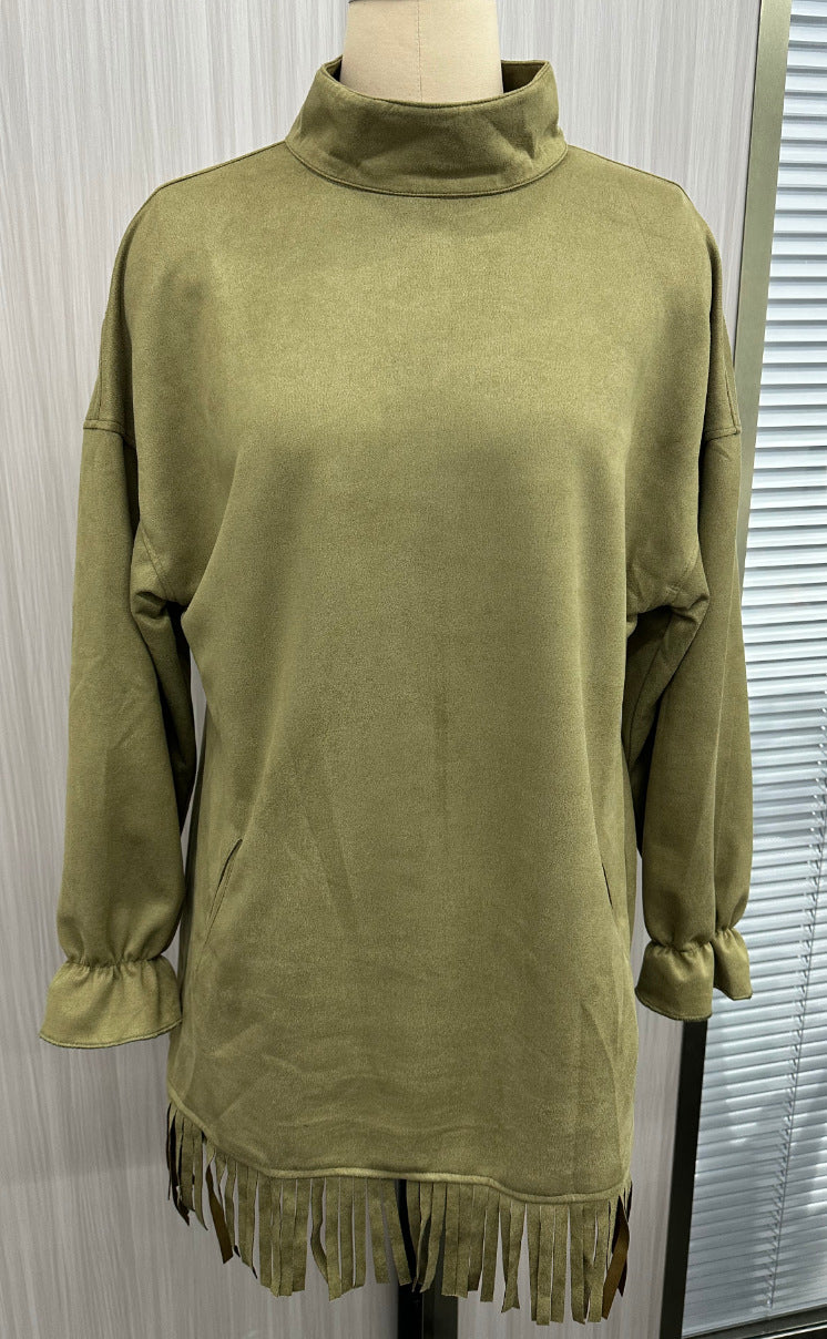 Olive Faux Suede Turtleneck Dress With Fringe Hem