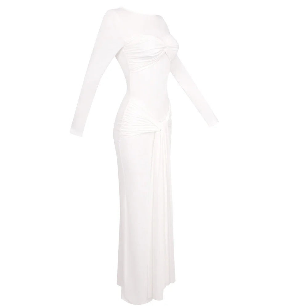 Long-sleeved ribbon-trimmed round-neck maxi dress