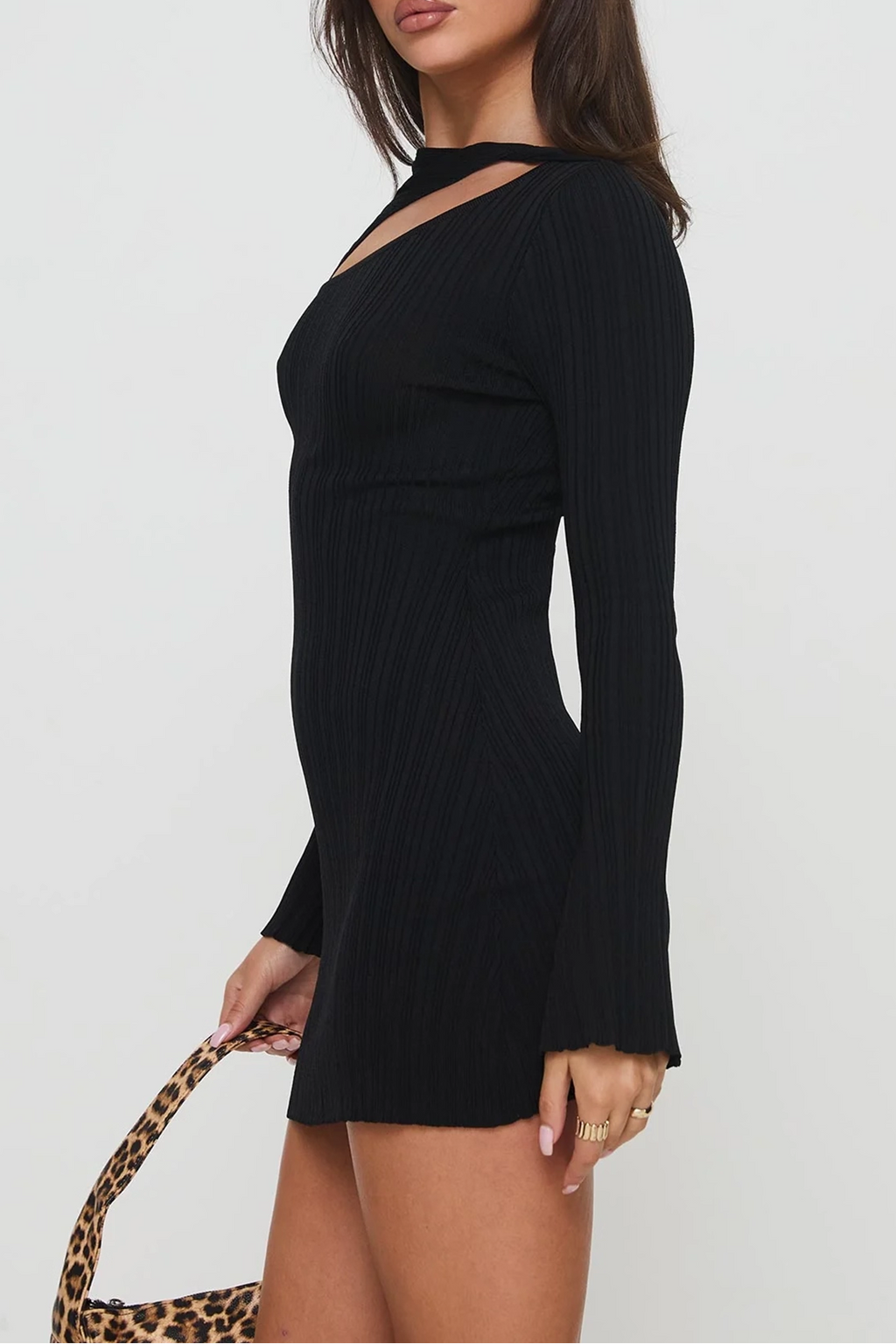 black cut-out flared sleeve knitted long sleeve dress