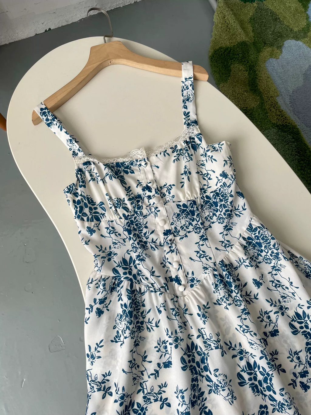 blue floral square neck vest dress