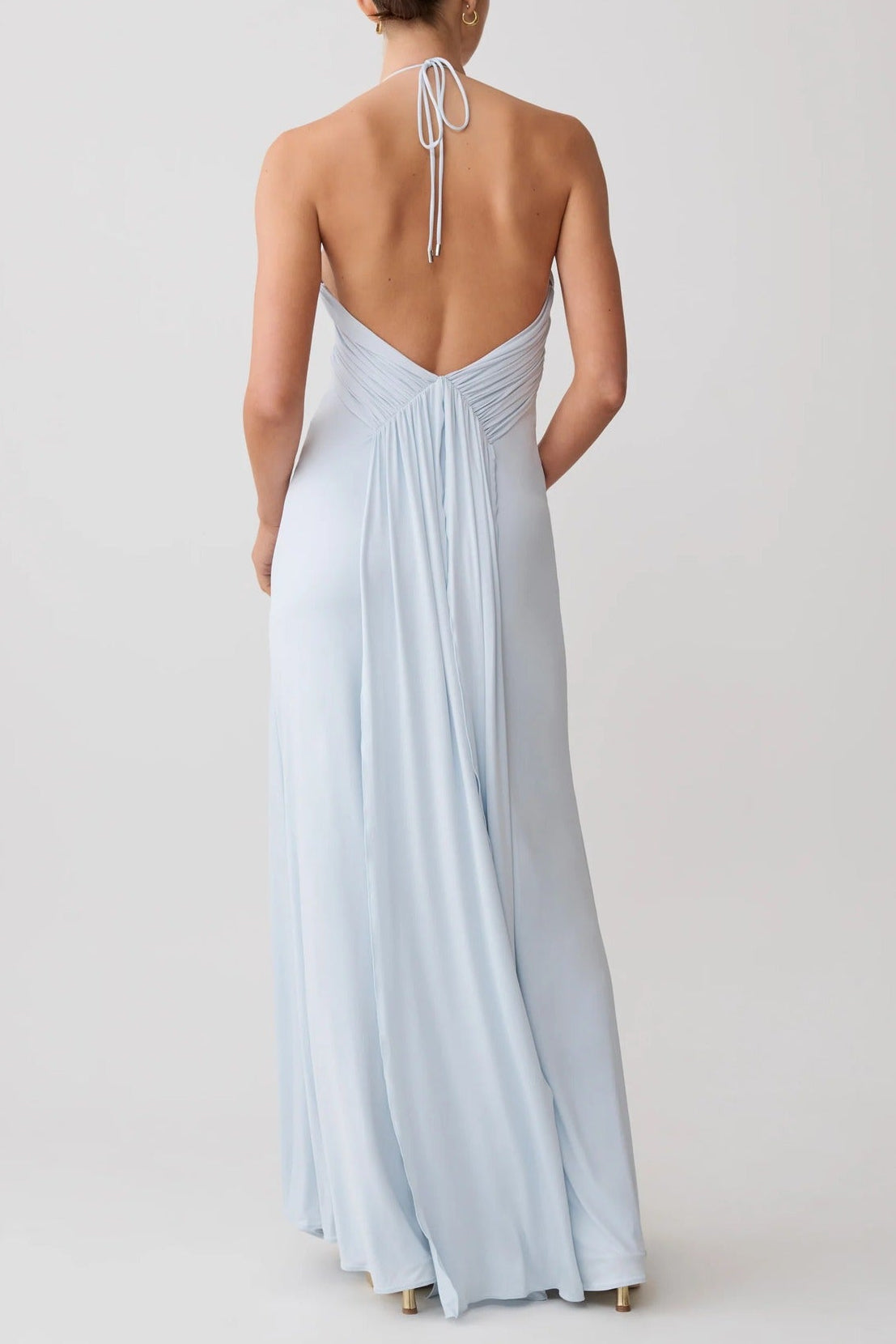blue halterneck open back slip dress