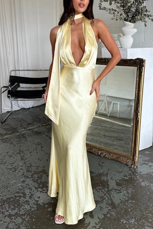 yellow Deep V-Neck Empire Waist Halter Maxi Dress