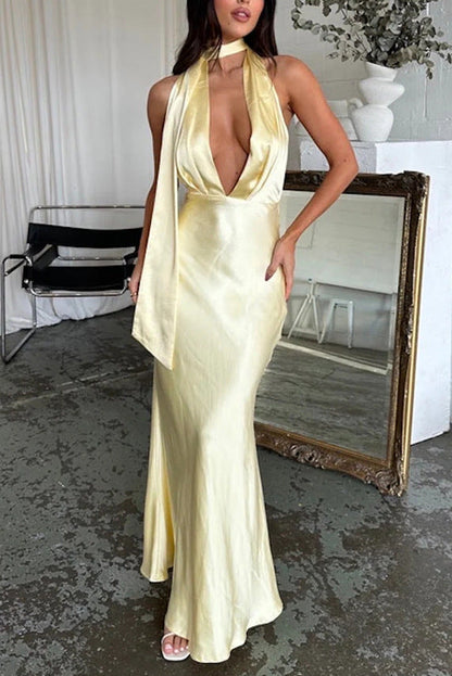 yellow Deep V-Neck Empire Waist Halter Maxi Dress