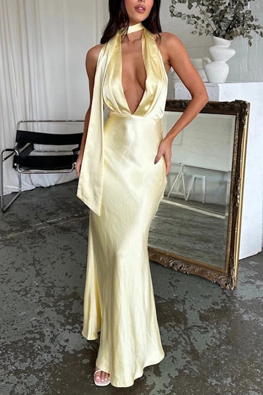 yellow Deep V-Neck Empire Waist Halter Maxi Dress