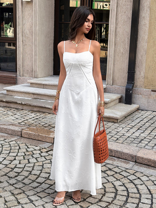 white jacquard suspender waist dress