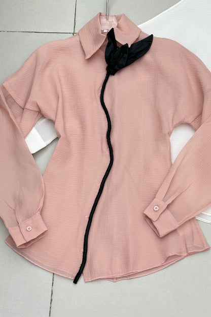 Pink Chiffon Mini Dress - Layered Ruffle Trim Shirt Dress