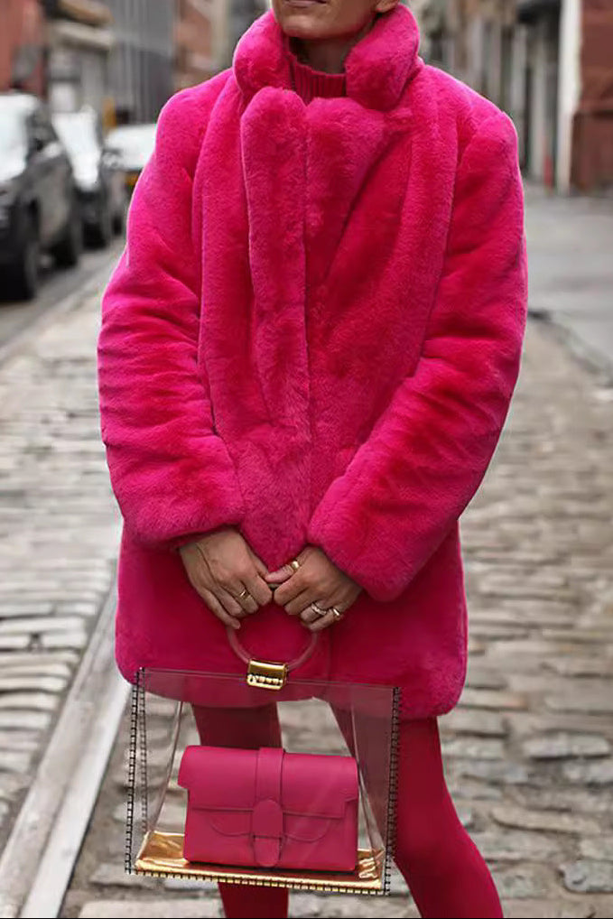 plus-size fur plush loose lapel midi coat