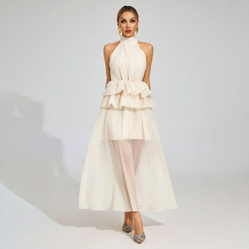 apricot sleeveless halterneck fluffy ruffled dress