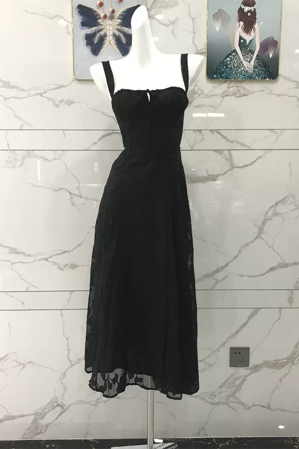 black low-cut midi dress