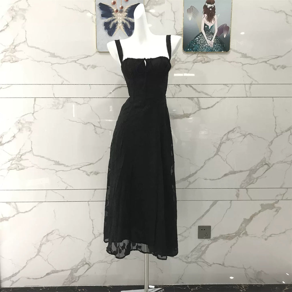 black low-cut midi dress