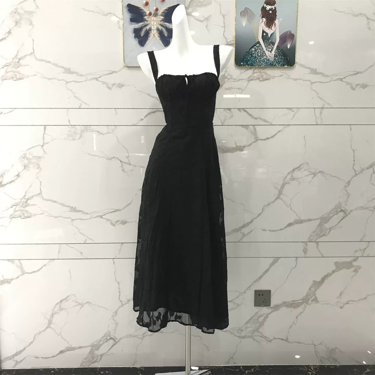 black low-cut midi dress