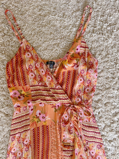 floral ruffle side tie V-neck slip dress