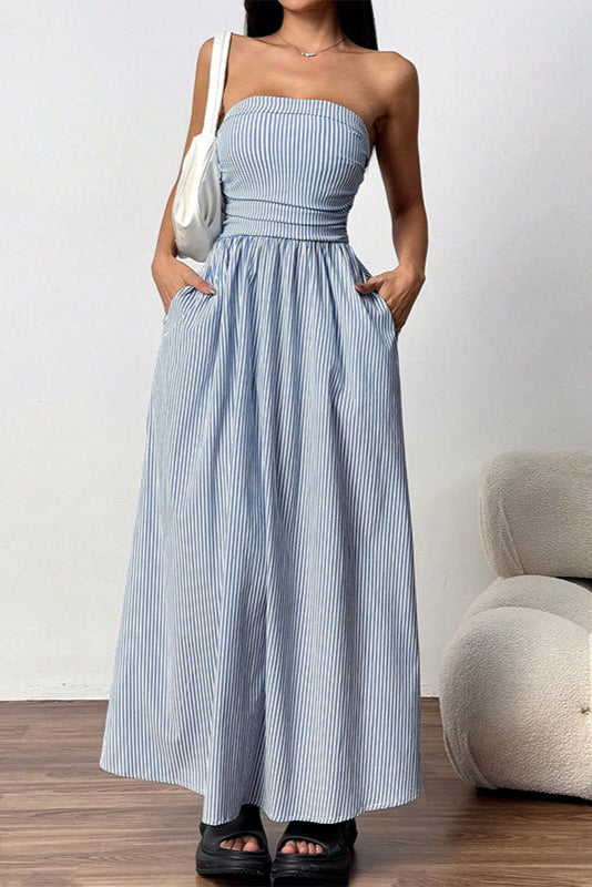 blue bandeau pocket long  dress