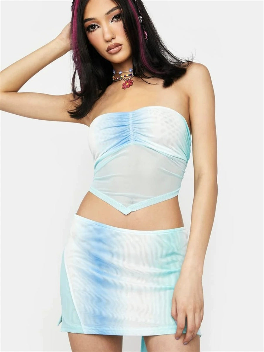 blue mesh bandeau two piecce set