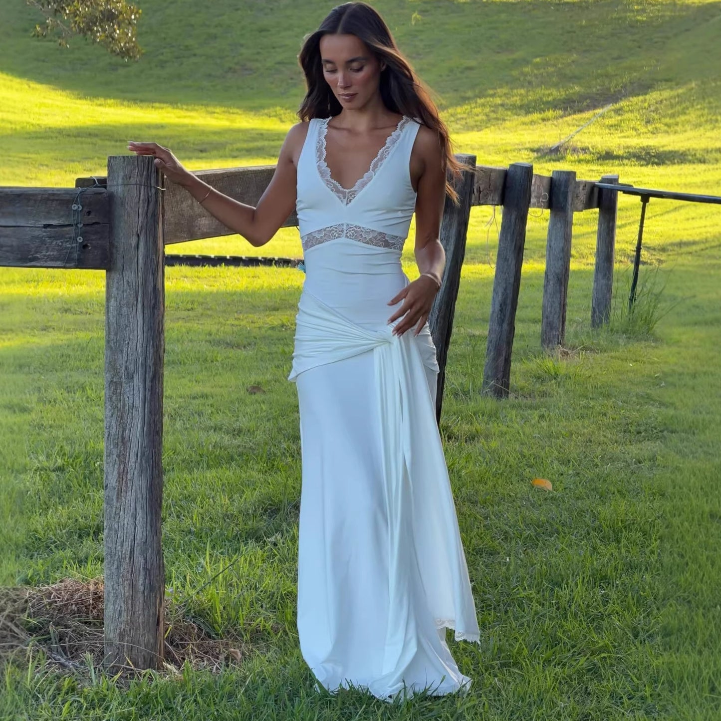 white lace patchwork slim fit streamer dress