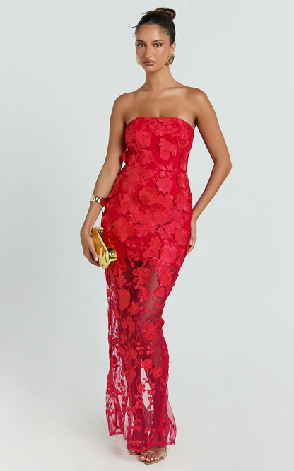 red three-dimensional flower bandeau maxi dress