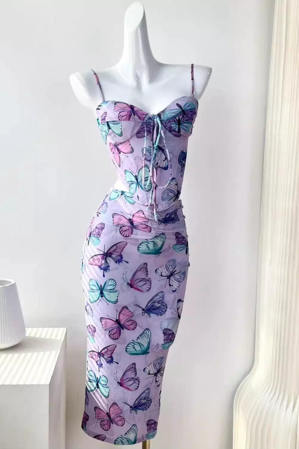 butterfly suspender mesh print fishbone skirt set