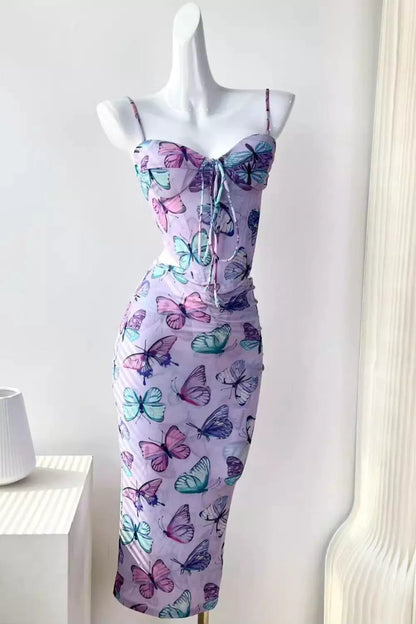 butterfly suspender mesh print fishbone skirt set