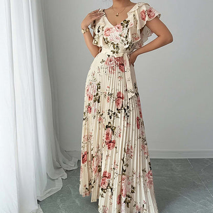 floral print ruffle sleeve V-neck pressed pleated long dress
