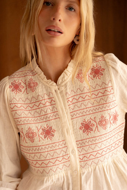 pink embroidery cotton linen single-breasted long-sleeved shirt