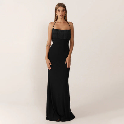 Tassel stitching halterneck backless high waist dress