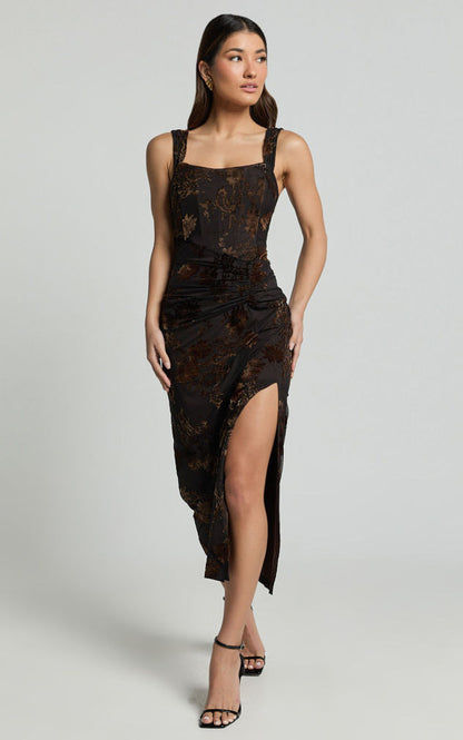 black lace slip midi dress
