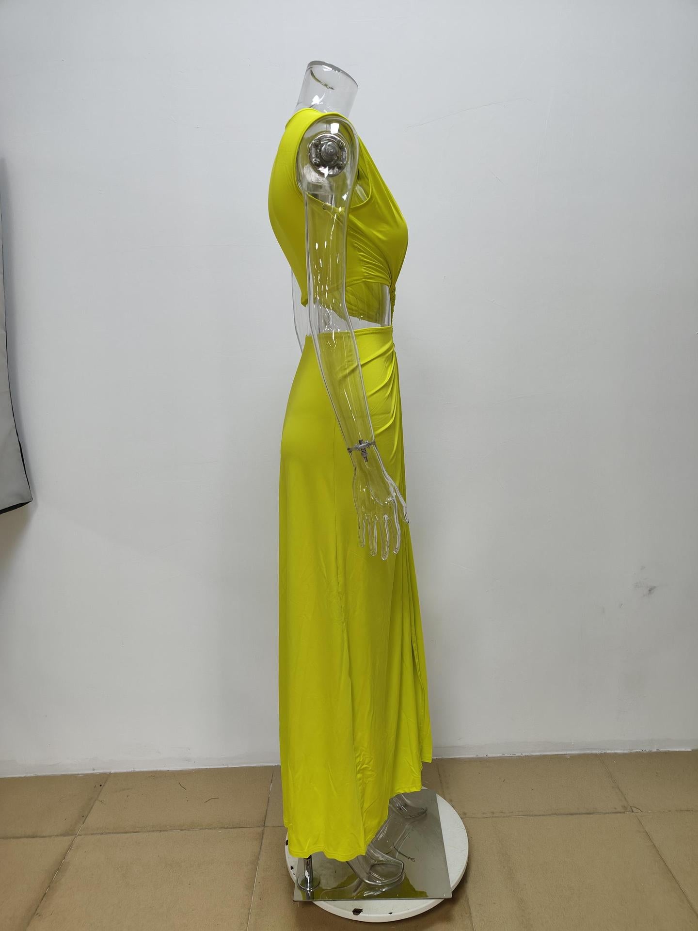 green Cutout Knot Slit V-Neck Sleeveless Pleated Irregular Dress