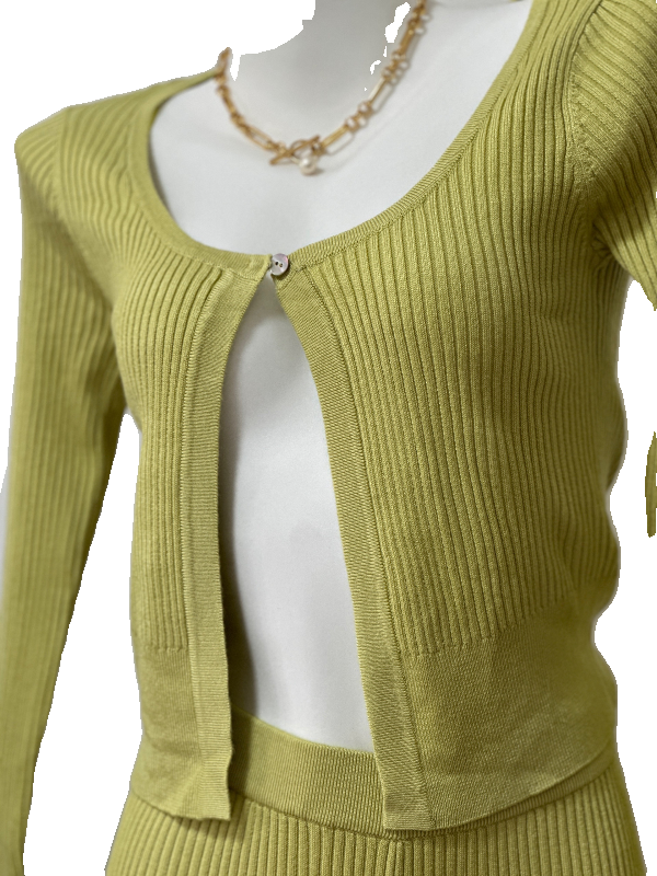 green Strip Knitted Cardigan Flared Pants Two-Piece Set