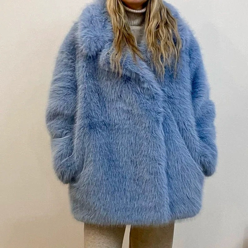 imitation fox fur coat in winter