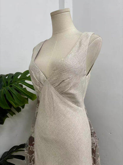 linen V-neck cinched waist dress