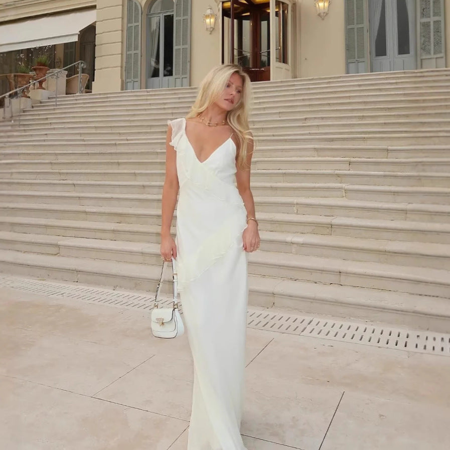 White backless ruffled halter maxi dress