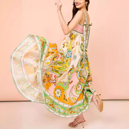Spaghetti strap graffiti print sleeveless bow flared cotton linen dress