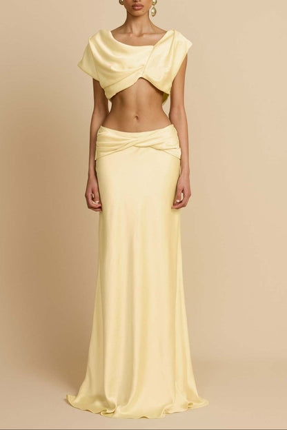 yellow pleated geometric splicing shape bandeau skirt suit