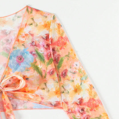 printed long-sleeve split cover-up bikini